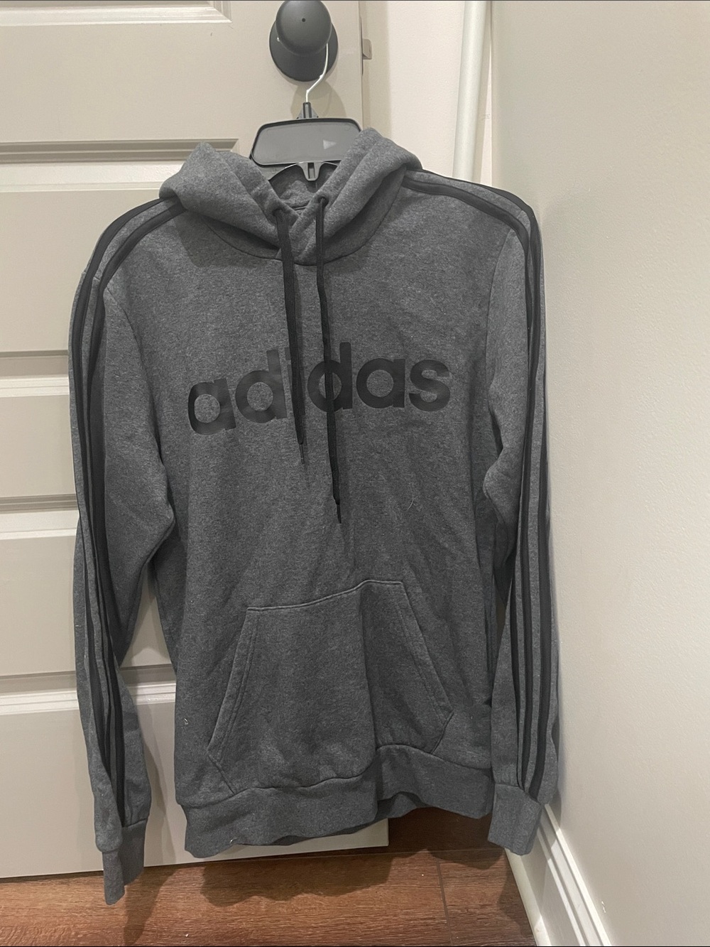 adidas Dark Gray Pullover Hoodie with Three-Stripe Sleeves